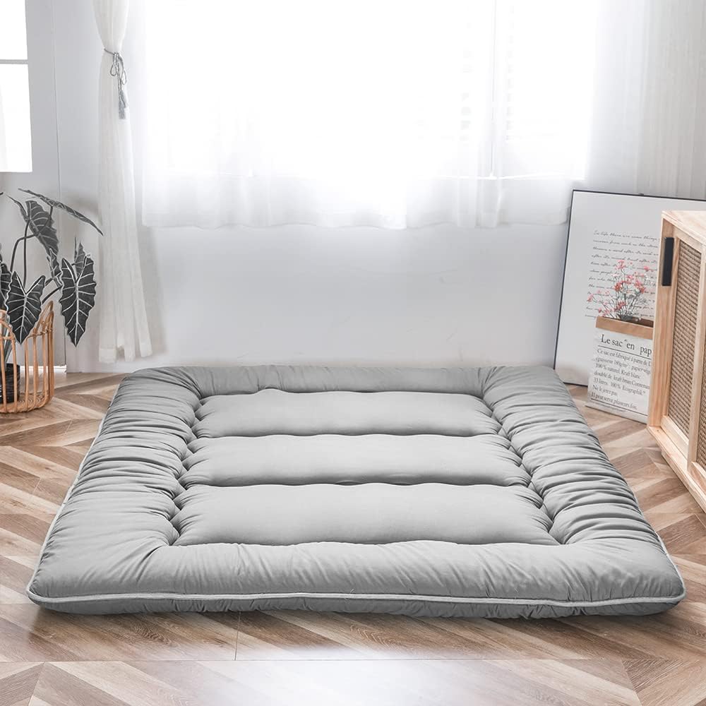 Maxyoyo Japanese Floor Mattress, Futon Mattress, Thicken Tatami Mat, Sleeping Pillow, Foldable, Roll-Up Mattress, Dormitory, Mattress, Floor Lounger, Pillow, Bed (Grey, Double)