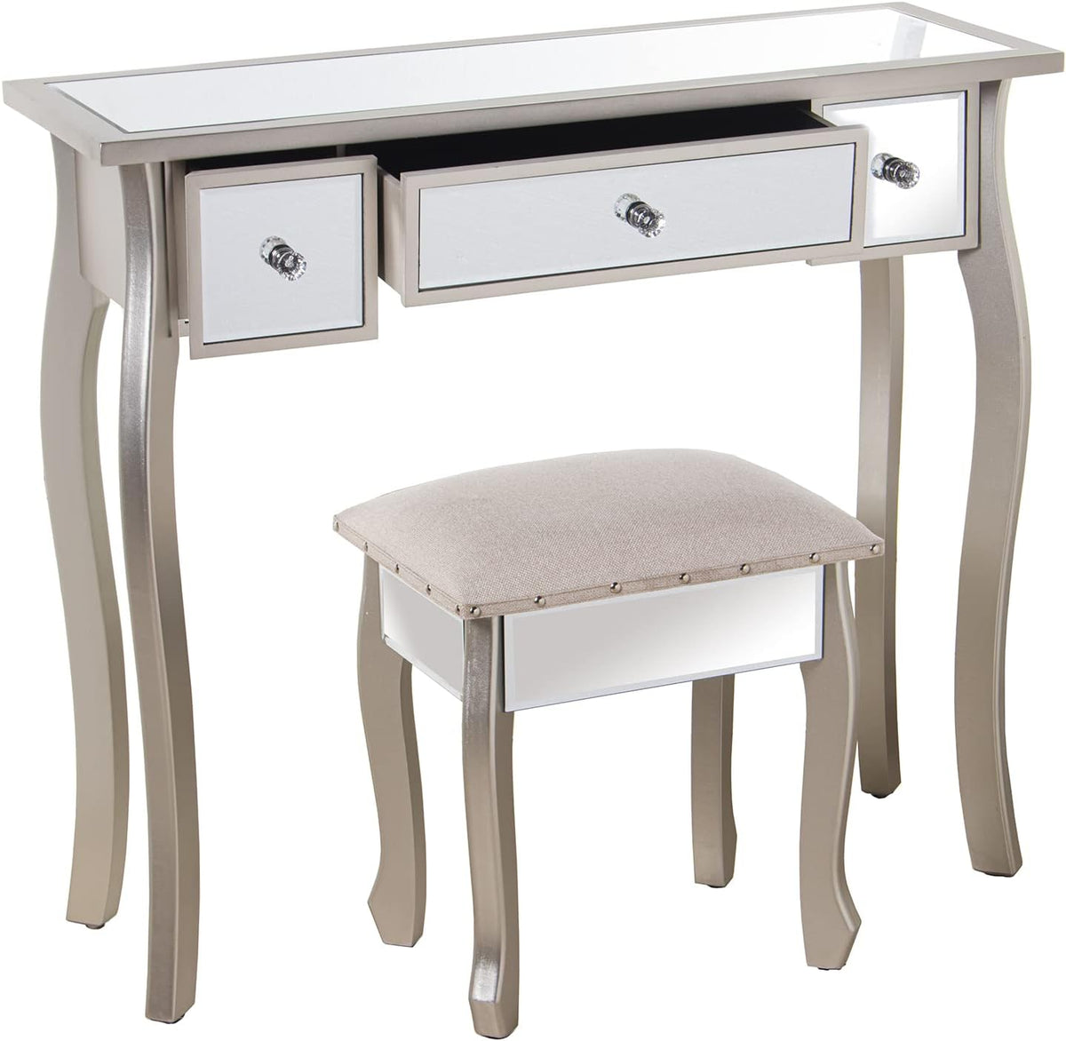 DRW Kaptafel met 3 laden van hout en spiegel met kruk in champagne en spiegel 90 x 32,5 x 80 cm en kruk 40 x 34 x 43 cm