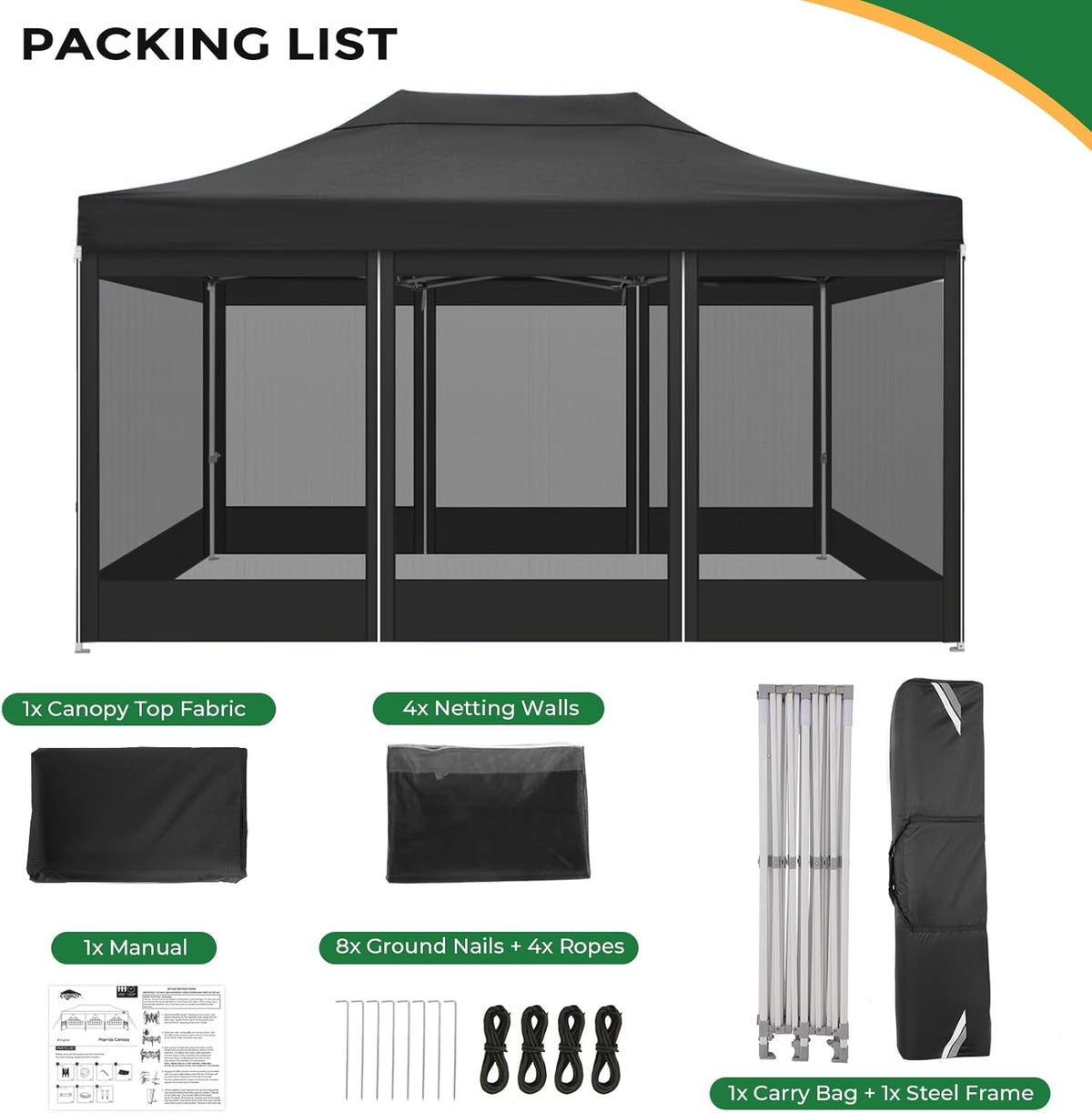 COBIZI Paviljoen, 3 x 4,5 cm, vouwpaviljoen, 3 x 4,5 m, waterdicht, stabiel, met 4 zijwanden, muggennet, partytent, opvouwbaar, pop-up tuinpaviljoen, anti-uv, voor tuin, zwart