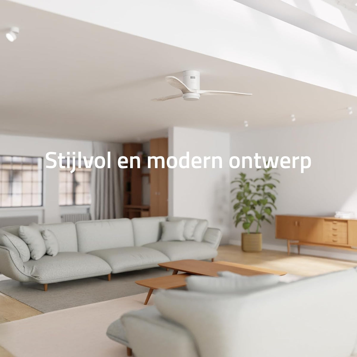 Hombli Smart Plafondventilator met ledlicht, app- en afstandsbediening, wit met houtlook, 132 cm, stil, wifi, voor ruimtes tot 12 m²