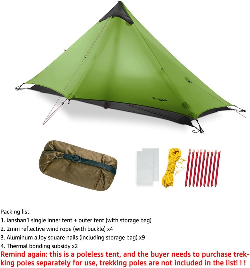 3F Lanshan1 Ultralichte tent 3/4 seizoenen draagbare backpacktent voor 1 persoon 15D siliconen gecoat waterdicht poleless dubbellaagse tent voor kamperen, klimmen, wandelen