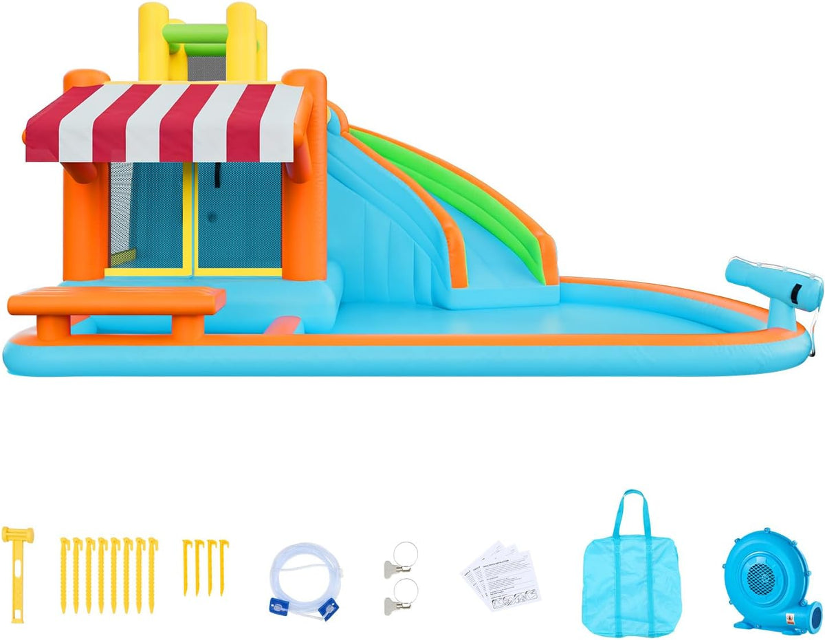 VEVOR Springhuis voor kinderen, opblaasbaar springhuis met luchtblazer, waterglijbaan, uitsmijterkasteel met kasteelspringers, hoge glijbaan, spatzwembad en pretend-marktstand, voor 3 tot 4 kinderen