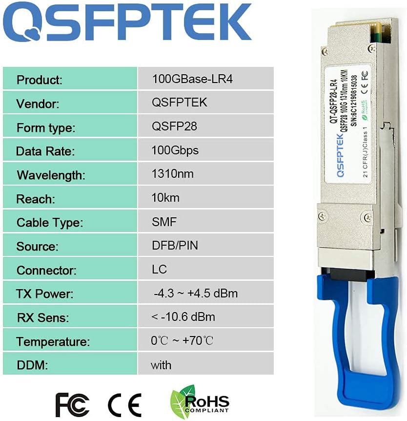 QSFPTEK 100G QSFP28 Transceiver LC Single-Mode 100GBASE-LR4 Module for Cisco QSFP-100G-LR4-S (1310nm, 10km, with DDM)