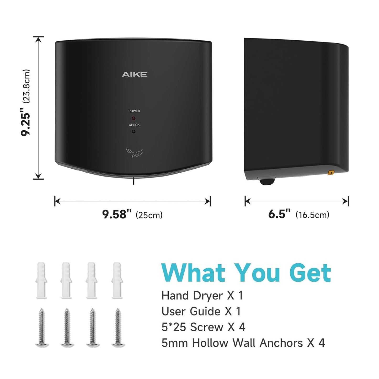 AIKE AK2630S Elektrische Handdroger 10 Seconden Droog, 1400 Watt Commerciële Handdroger, Compact voor Restaurantbadkamers en Kleine Kantoren