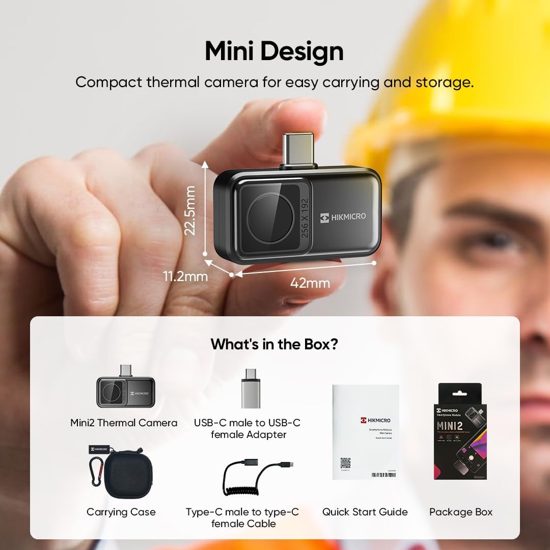 HIKMICRO Mini2 thermische camera Android, 256x192 IR-resolutie, warmtebeeldcamera voor Android, 25 Hz vernieuwingsfrequentie, 50 ° groothoek, 49.152 pixels, -20°C tot 350°C, USB-C (niet voor iPhone)