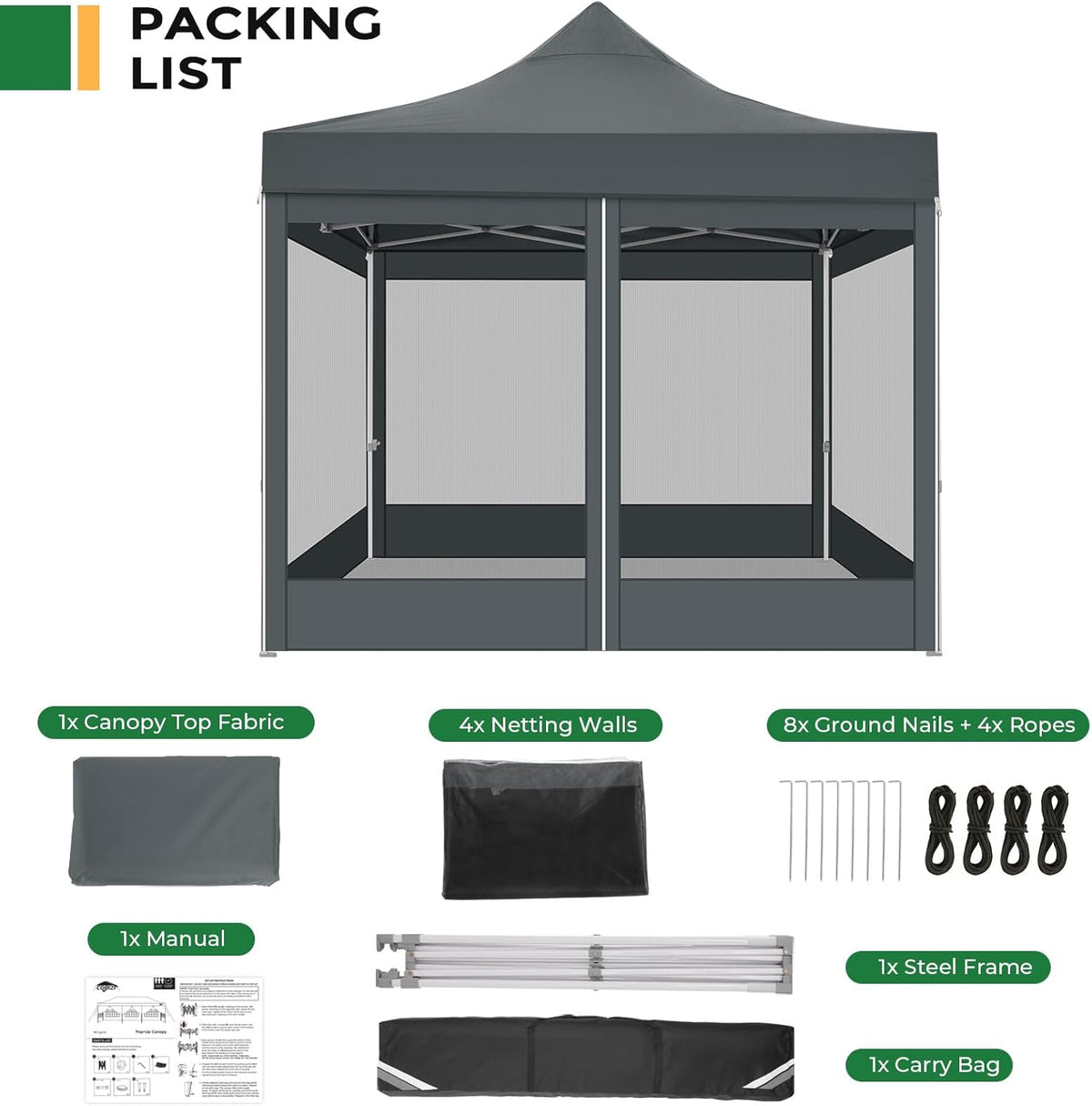 TOOLUCK Heavy Duty pop-up luifeltent met 4 zijwanden, commercieel tuinhuisje, feesttent met klamboe, muur, eenvoudig op te zetten, outdoor instantschermtent voor achtertuin, terras, tuin, grijs