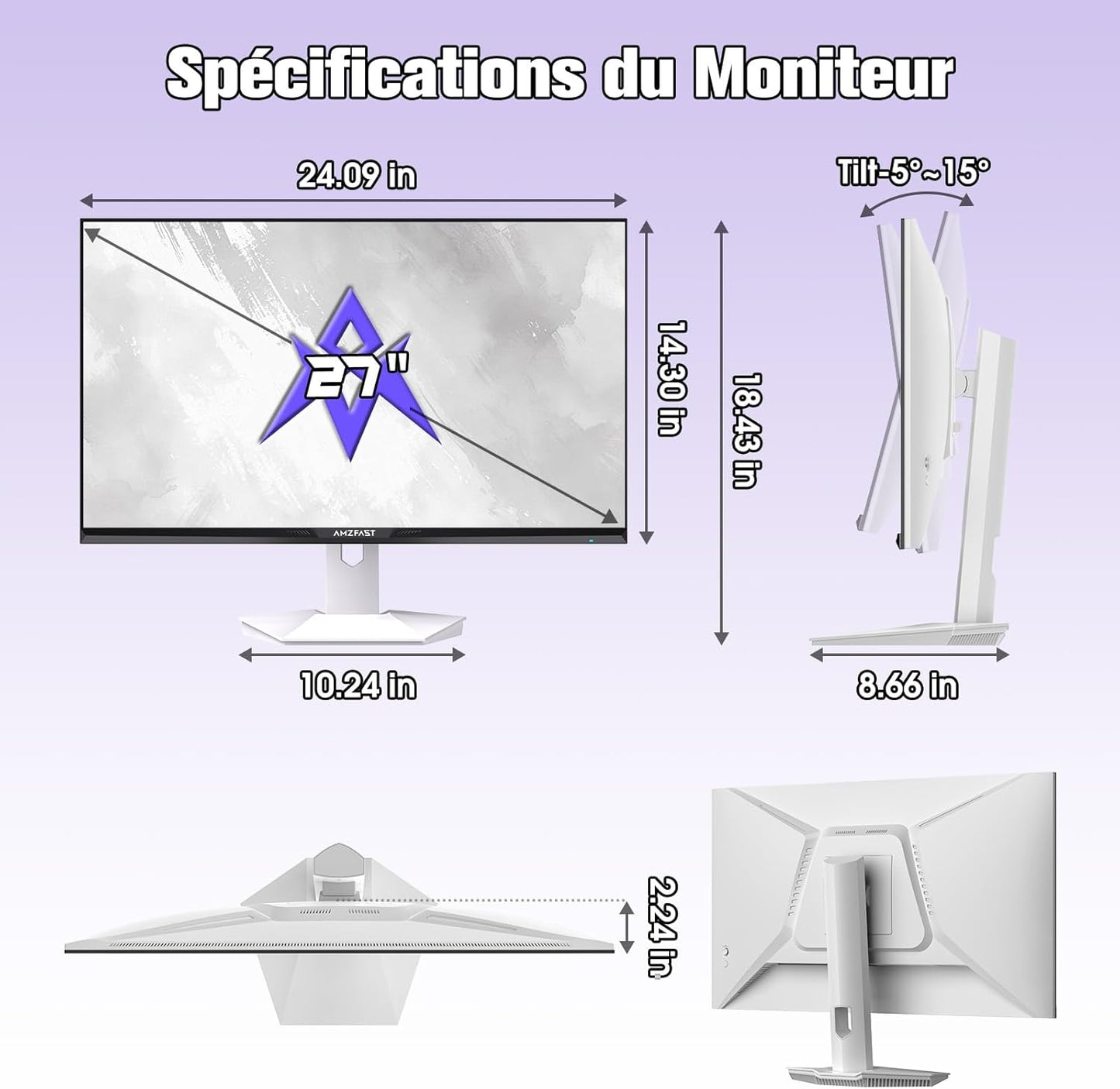 Amzfast Monitor da Gaming 27 Inch – 200Hz, QHD 2560x1440, Rapido IPS, 1ms GtG, 95% DCI-P3, 130% sRGB, HDR, Adaptive Sync, VESA 100 * 100, HDMI 2.0 * 2/DP 1.4 * 2 con Cavo, White - AMZG27F27Ft 6Q - QUORE