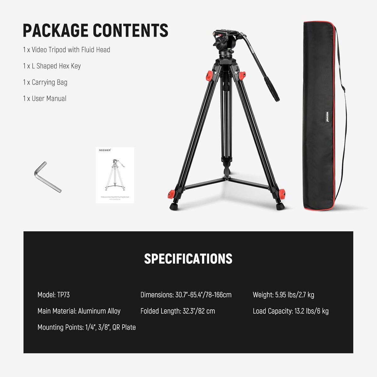 NEEWER Camerastatief met vloeiende kop, robuust, licht, compact, draagbaar, reishouder voor DSLR-camcorder, compatibel met DJI Gimbals, compatibel met Manfrotto QR-platen, max. 13,2 kg, TP73