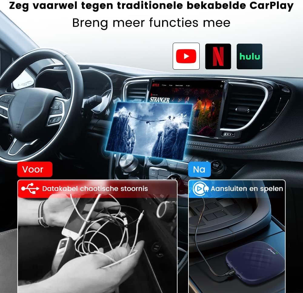 Wireless CarPlay – Draadloze Android Auto – AI Box – CarPlay Adapter – Auto Multimedia – 8 GB RAM + 128 GB Opslag – Android 13.0 Systeem met YouTube en Netflix