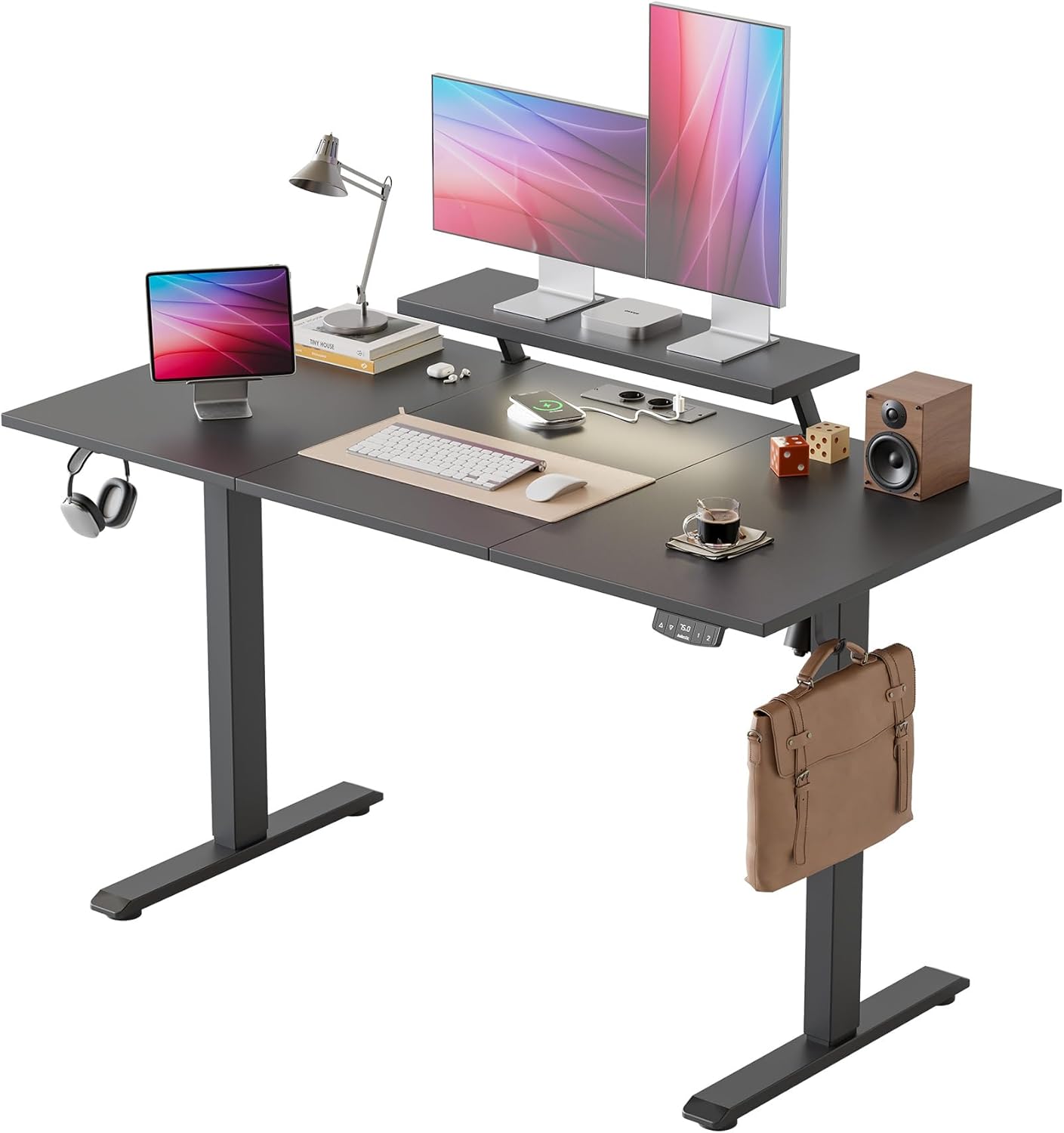 Agilestic Elektrisch in hoogte verstelbaar bureau, 140 x 60 cm, met beweegbare monitorstandaard, led-lichtbalk en USB-aansluiting, staand bureau met 3-delig tafelblad, computertafel, zwart