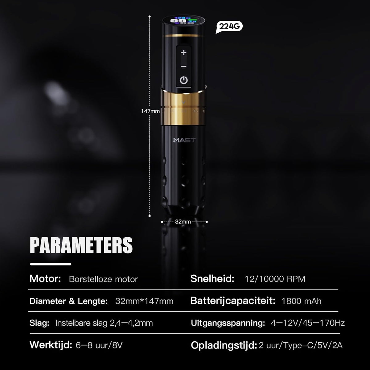Mast Flip3 Tattoo Gun Kit Wireless Machine Pen 7 Strokes Length Tattoo Gun Pro Needles Cartridges 2 Batteries Power Supply Black color