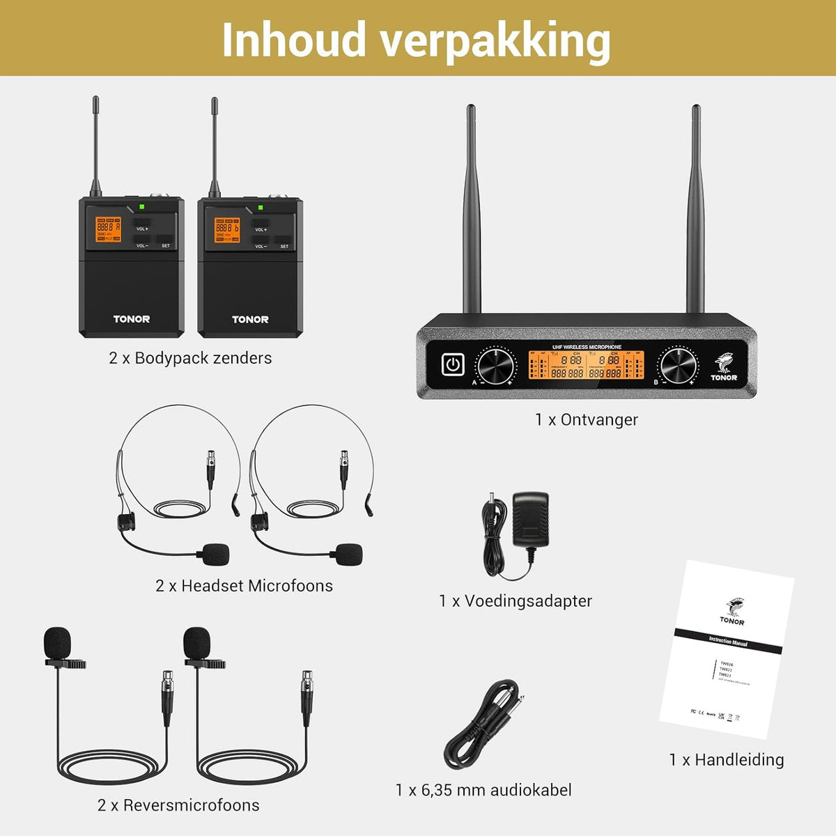 Draadloos microfoonsysteem – UHF Microfoonset – Karaoke Microfoonset – Headset En Lavalier Microfoons – Bodypack Zender En Ontvanger – 5 Frequenties Per Microfoon – Bereik Tot 60 Meter