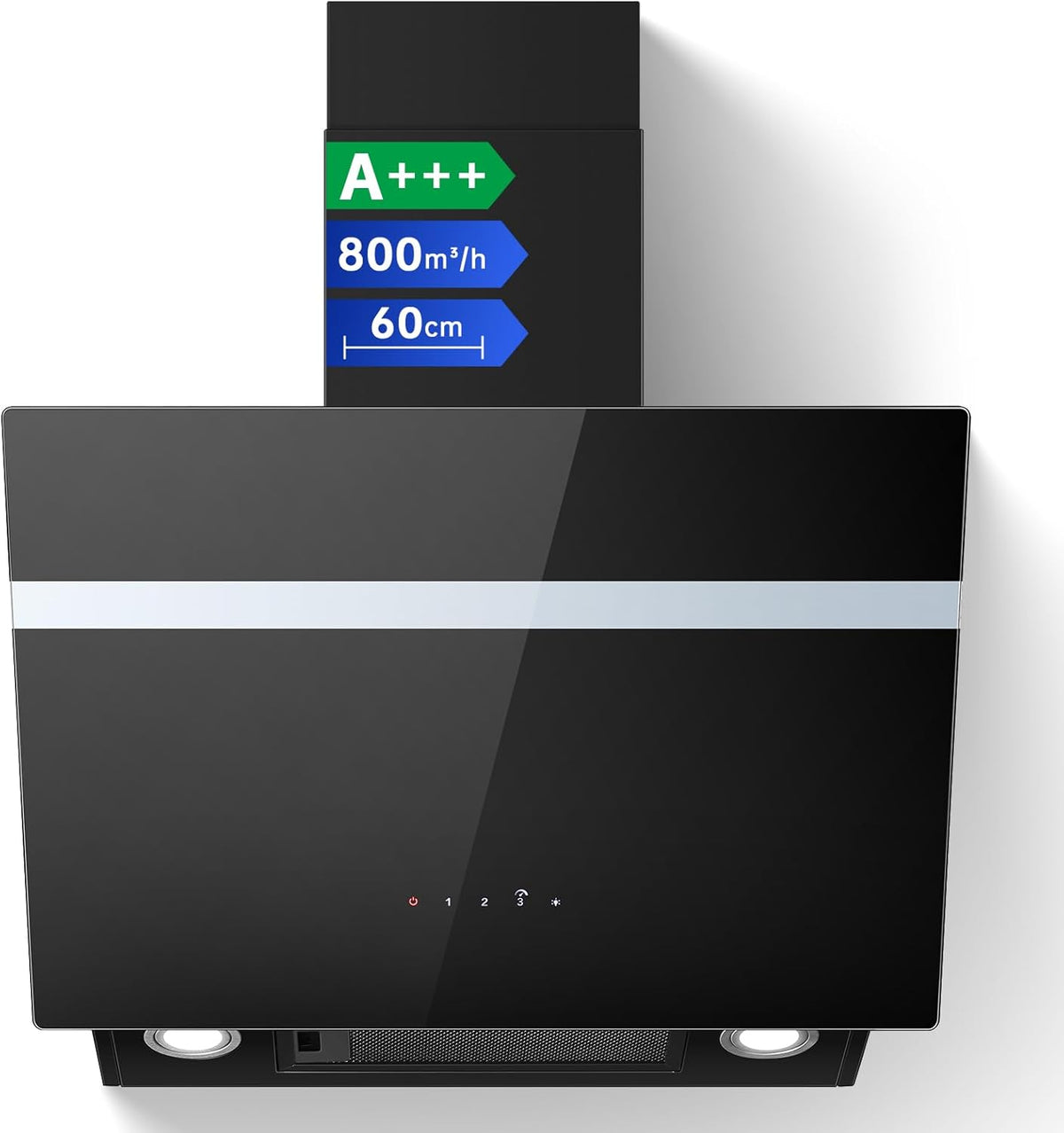 TopStrong Afzuigkap 60 cm, 800 m³/h afzuigkap convectie/afvoerlucht met actieve koolfilter, A+++, stille kopvrijkap met ledverlichting, wandkappen 3 standen + booster touchscreen, borstelloze motor