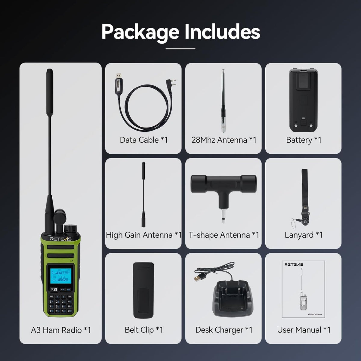 Retevis A3 Tweerichtingsradio, Quad-band Hamradio, AM/SSB/FM/AIR-Modi, Tweekanaals, 2500 mAh, Instelbare Walkietalkie voor de Jacht, Reiziger, Camping (1 stuk)