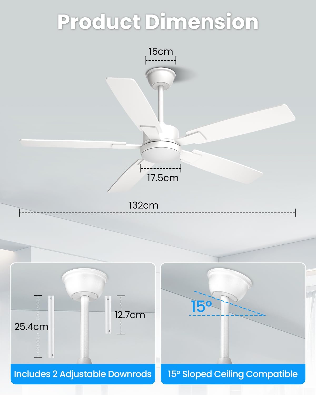 Mefine 2 kleuren draaibare vleugels plafondventilator met verlichting, 132 cm grote plafondventilator met licht en afstandsbediening, stille lamp met ventilator voor woonkamer, slaapkamer, outdoor
