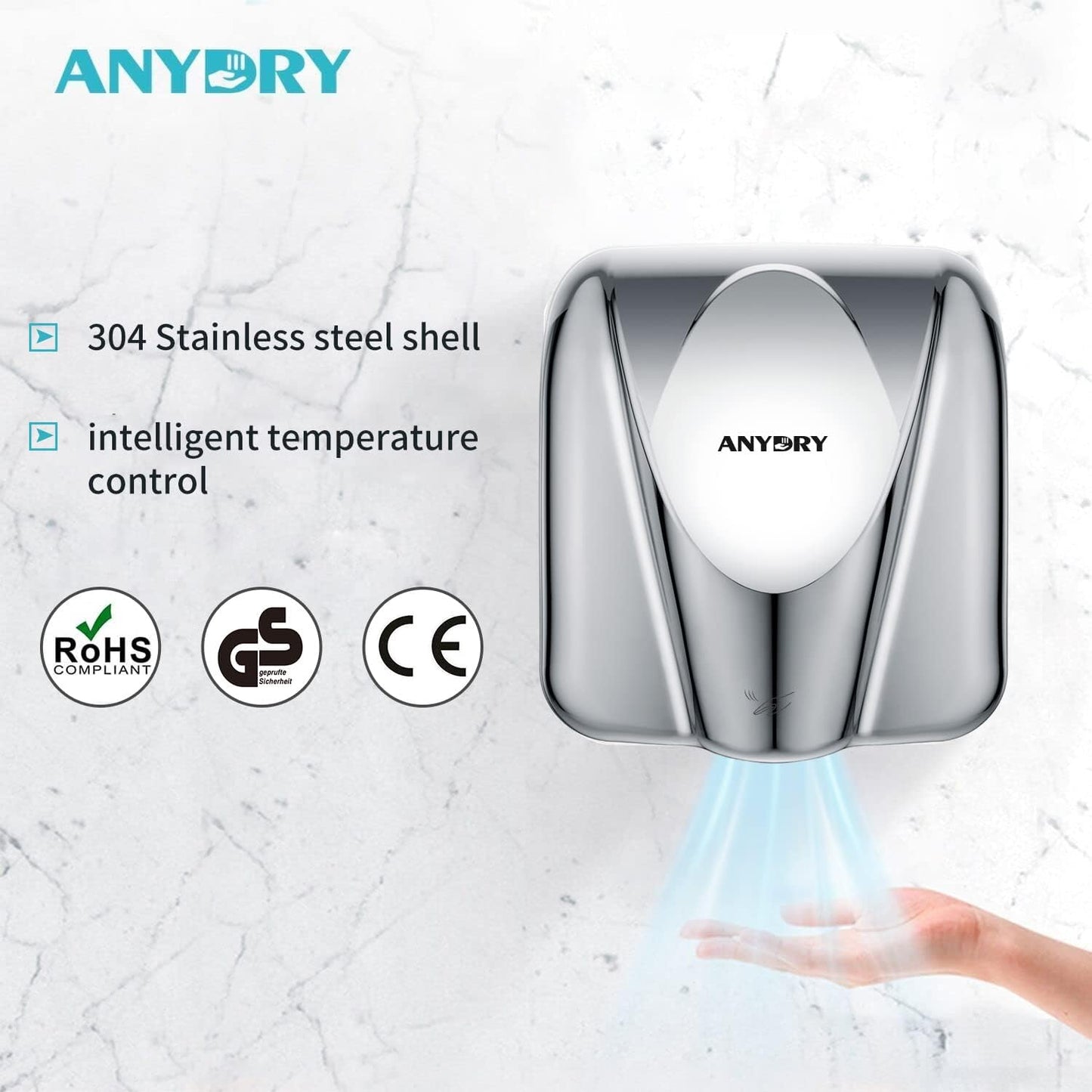 Handdroger – Automatische Handdroger – Elektrische Handdroger – Sensor Handdroger – Professionele Handdroger – Roestvrijstalen Afwerking – Sneldrogend 7-10 Seconden – 1650W Glanzend