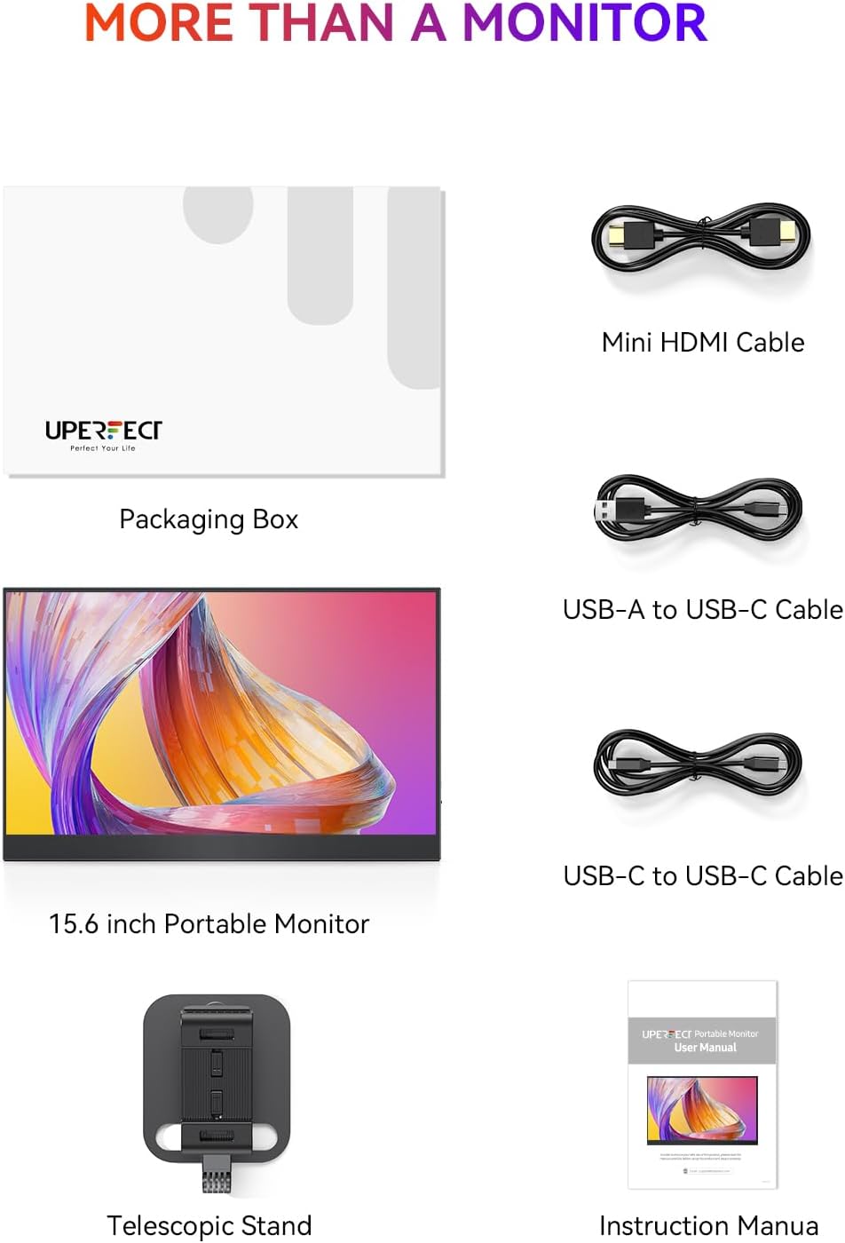 UPERFECT Draagbare Monitor 15.6" 125% sRGB Portabler Monitor met Opvouwbare Standaard, 2000:1 Contrast HDR EyeCare FHD Mat Ultradun Tweede Scherm voor Laptop/PC/Smartphone/Spelconsoles