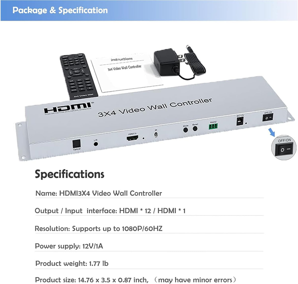 HDMI Video Wall Controller 3x4, 1 HDMI Input 12 Output, 26 Splicing Modes, Remote & RS232 Control, Met Out Audio & Memory Functie