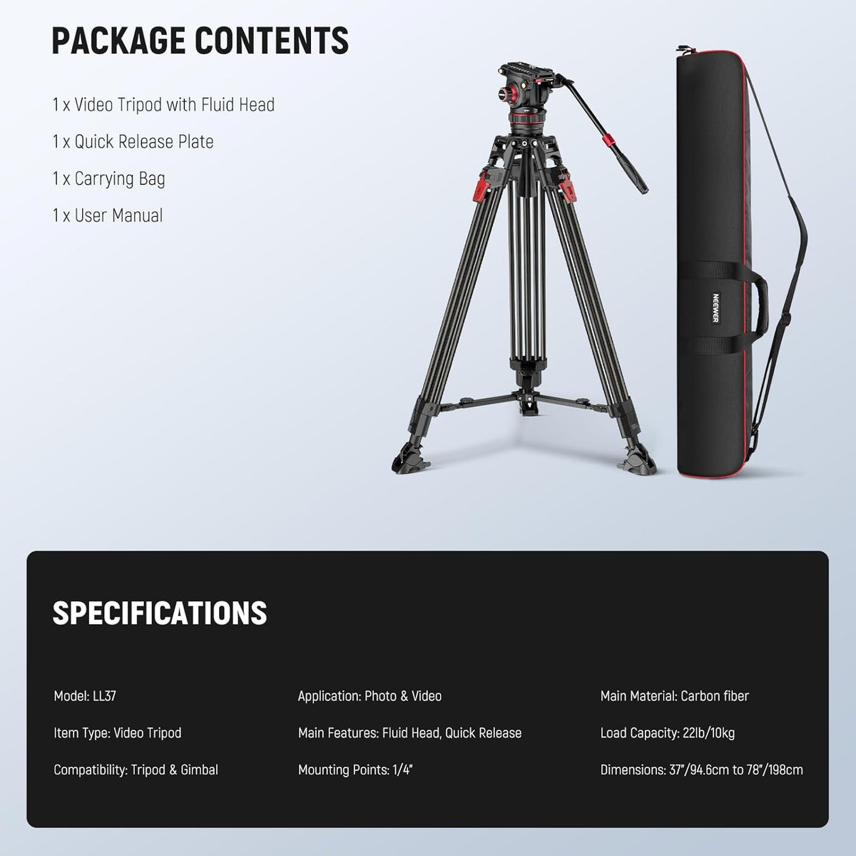 Videostatief – Camerastatief – Fotostatief – Statief – Tripod – Koolstofvezel – Verstelbare Vloeistofkop Met Snelsluiting – 94,6 Tot 198 Cm, 10 Kg