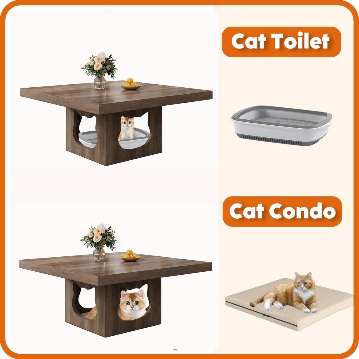 HSH Vierkante salontafel, rustieke houten salontafel voor woonkamer, boerderij middentafel met kattenhuiskussen, industriële opslag cocktailtafel voor thuiskantoor, slaapkamer, rustiek eiken, 90 cm