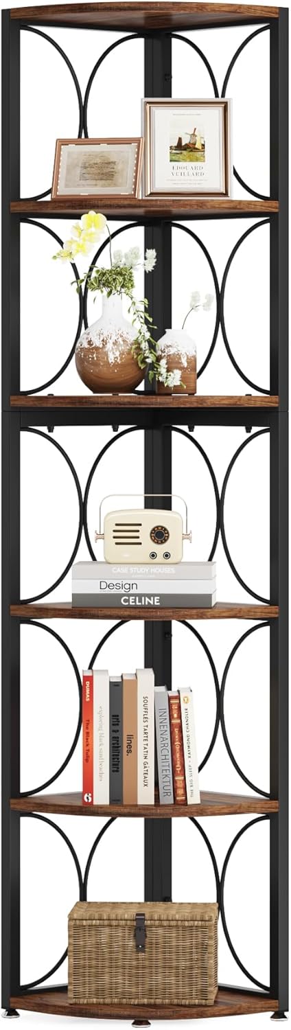 Tribesigns 67" High Angle Shelf, 6 Tier Rustic Corner Bookshelf Bookcase Storage Rack Standing Shelving Unit for Living Room, Small Space