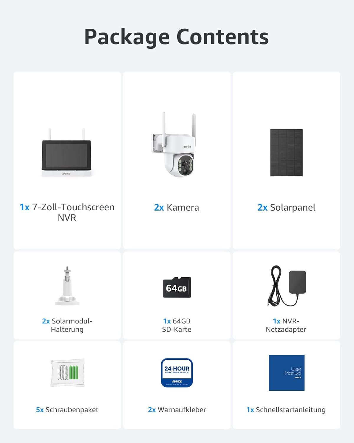 ANNKE beveiligingscamera buiten set met 4CH 17,8 cm monitor, 2X 4MP PT beveiligingscamera buiten accu zonne-energie, 270° draaien, 90° kantelen, 2-weg audio, kleurnachtzicht, persoondetectie, 64GB