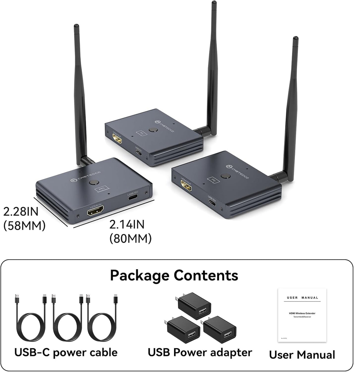 Draadloze HDMI-zender en -ontvanger, HDMI Transmissie Loop-out extender, 100m/328FT, 1TX-2RX, 2,4 G+5,8 G, 4K Decodering 1080P60Hz-uitgang, Streaming Vanaf Laptop, Camera's Naar TV, Projector, Monitor