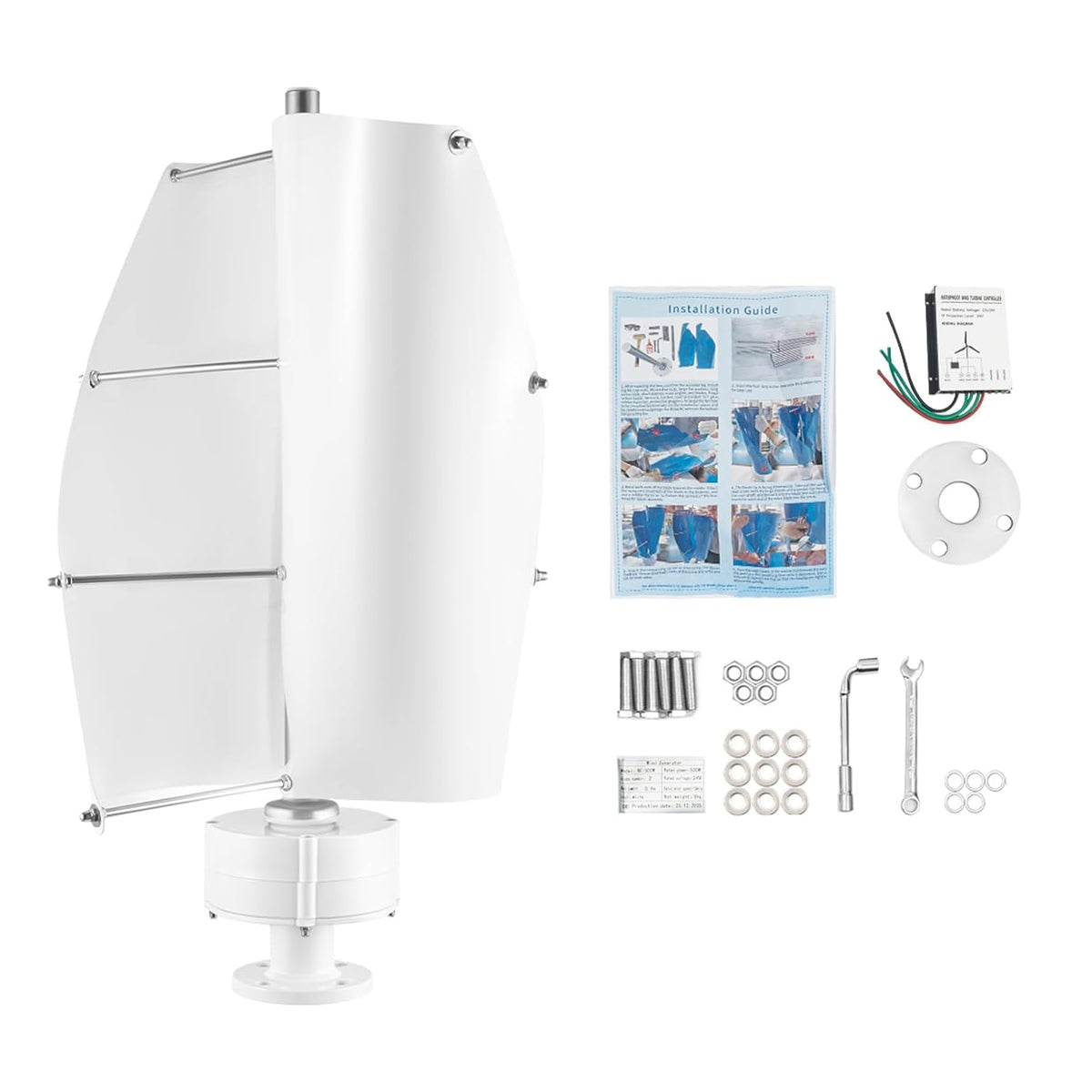 OUKANING Vertical Wind Turbine Complete Set with Control Unit Spiral Design 100W 12V 24V Wind Generator Vertical Permanent Magnet Rotor Generator (24V, White) - QUORE