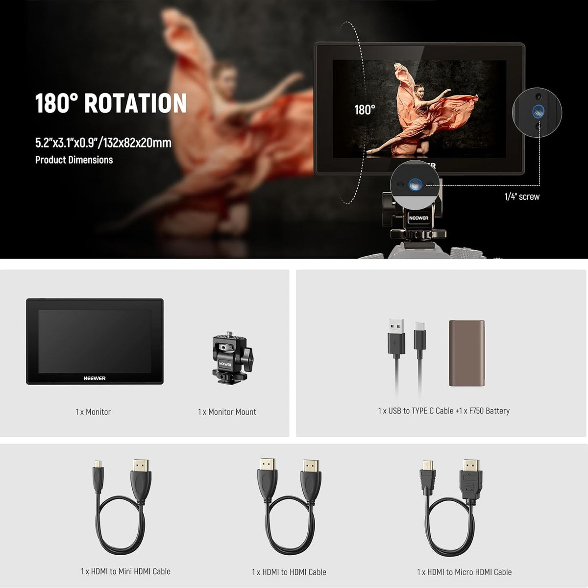 NEEWER 5,5 inch monitor camera, touchscreen IPS HD 1920x1080 1575nit, Loop in/out HDMI 4K met LUT 3D Peak Focus DSLR Video Assist HDR Waveform, batterij F750 5200mAh, DC7-24V/Type C 5V In, F500 PRO