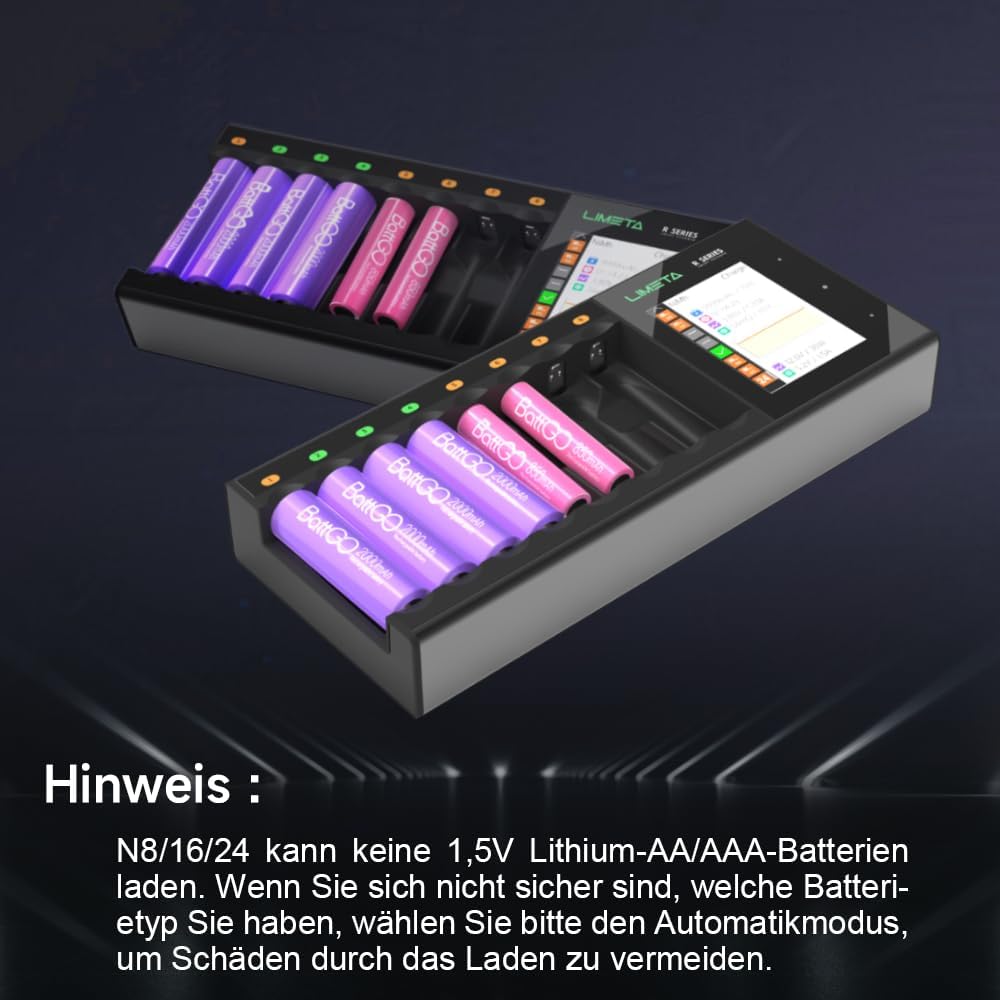 Batterijlader – Acculader – Oplaadstation – Batterijoplader – Intelligente Lader – Touchscreen Display – Refresh-functie – Snel Opladen – Geschikt Voor AA AAA NiMH NiCd Li-Ion – 24 Batterijen Gelijktijdig – DC-Adapter USB-C