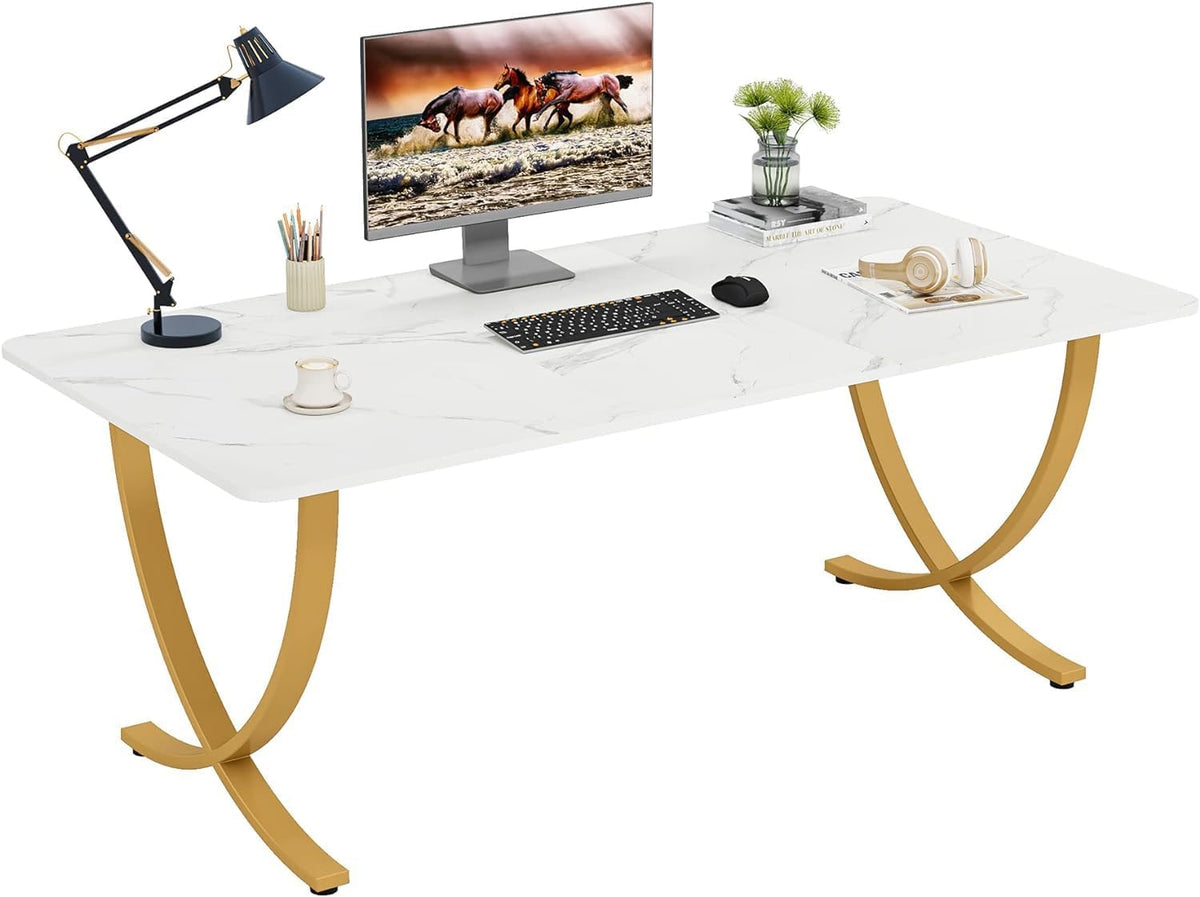 Tribesigns Desk, Computer Table, 160 x 80 x 75 cm, Modern PC Table, Work Table, Dining Table with Artificial Marble Tabletop and Metal Legs for Home Office, Conference Table, White and Gold
