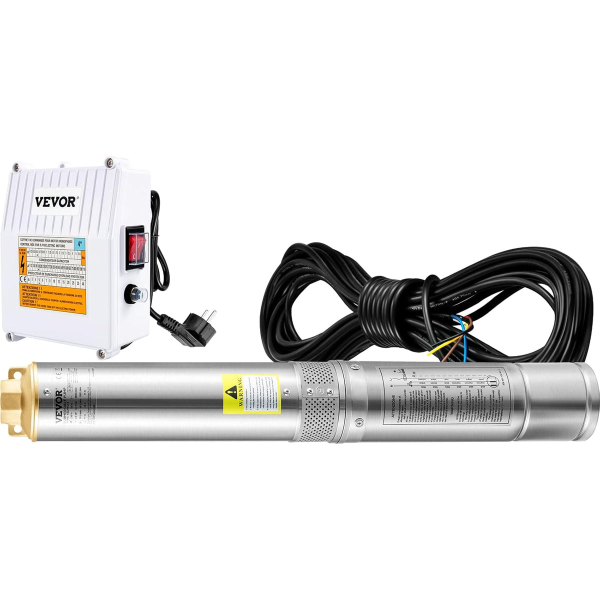 VEVOR Diepbronpomp motor met 370 W, dompelpomp voor fonteinen, 230 V, 50 Hz, dompelpomp voor fonteinen, maximale debiet van 110 l/min, met externe besturingsbox voor akkerland en mijnbouw