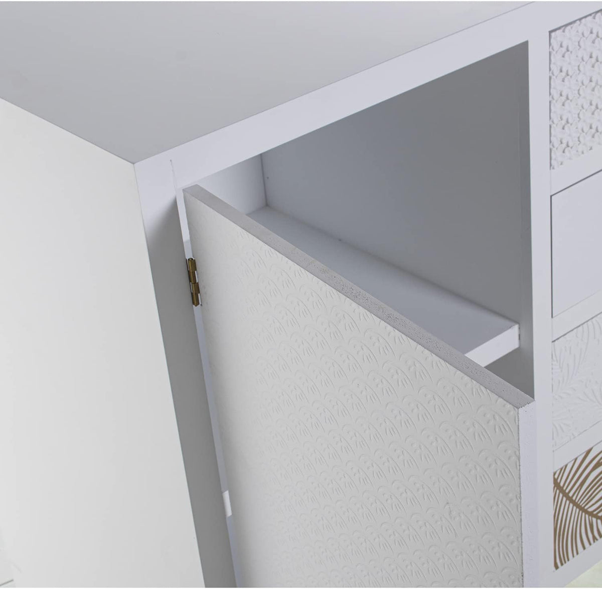 DRW Dressoir met 1 deur en 4 laden van hout met reliëf lemmet in wit en goud 80 x 40 x 80 cm