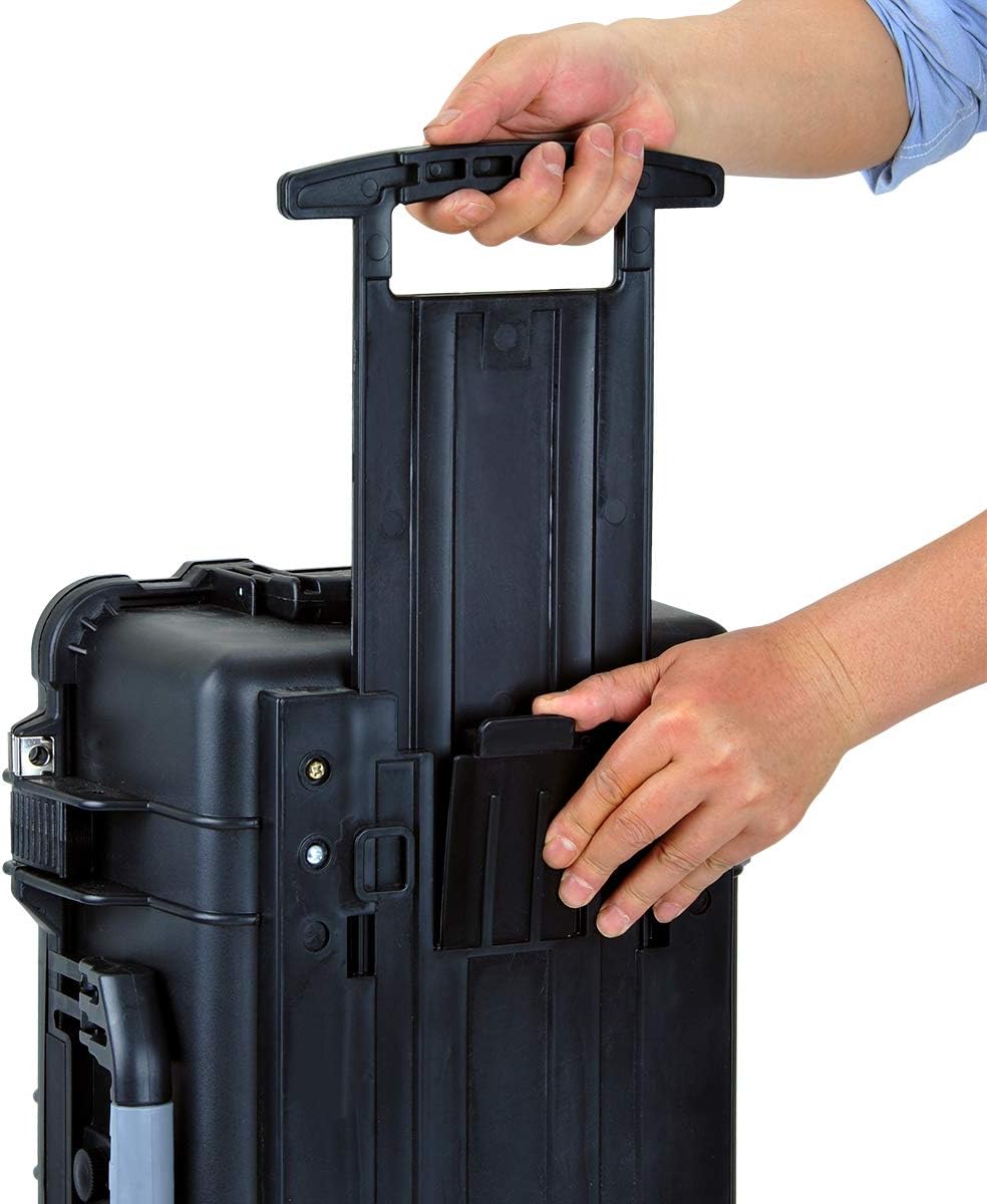 MEIJIA All Weathe waterdichte harde hoes met intrekbare trekgreep en rollende wielen, aanpasbare pasvorm schuim ingevoegd, geschikt voor camera, drones, apparatuur, elegant zwart, Zwart, 22"X13.81"X9