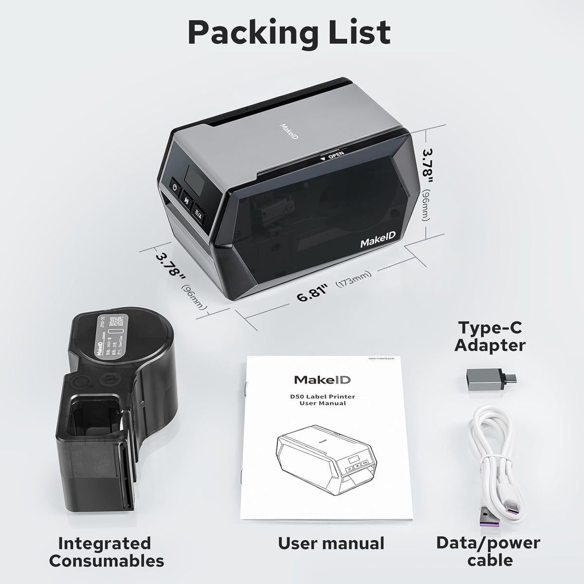 Makeid D50 labelprinter, 5,08 cm printkop, compatibel met app en pc, automatische cutter, 2600 mAh batterij, 5 cm x 8 m etiketten, robuuste professionele printer voor werkplek