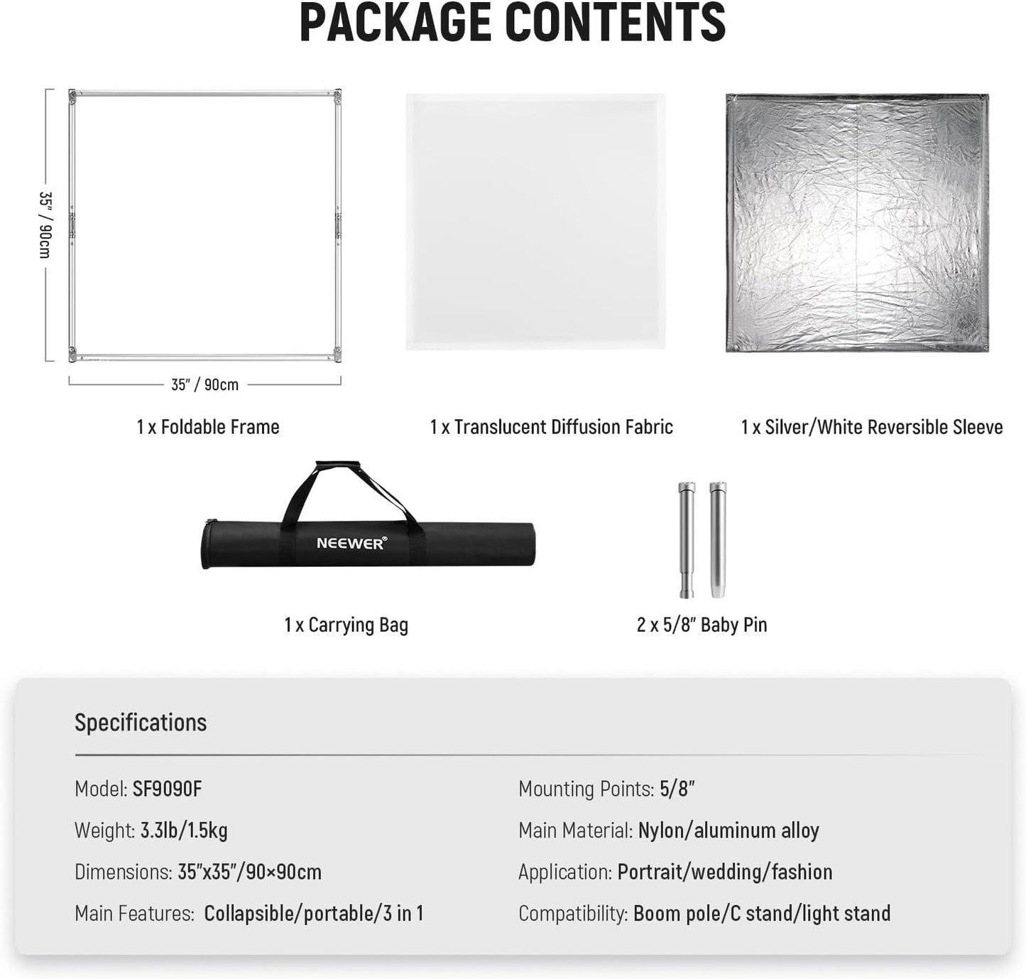 Lichtdiffusiepaneel – Diffusiescherm – Scrim – Diffuser – Lichtdoek – Zilver/Wit Omkeerbaar – 90 x 90 cm – Opvouwbaar Frame