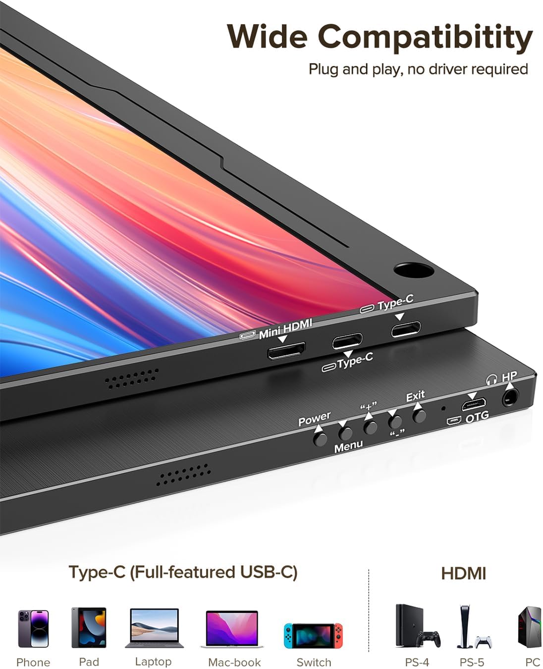 UPERFECT Portable Monitor Touch Screen, 14 Inch 1080P FHD Portable Monitor with USB-C Mini HDMI for Laptop/PC/Phone/Business/Work/Gaming, VESA-Mountable - QUORE