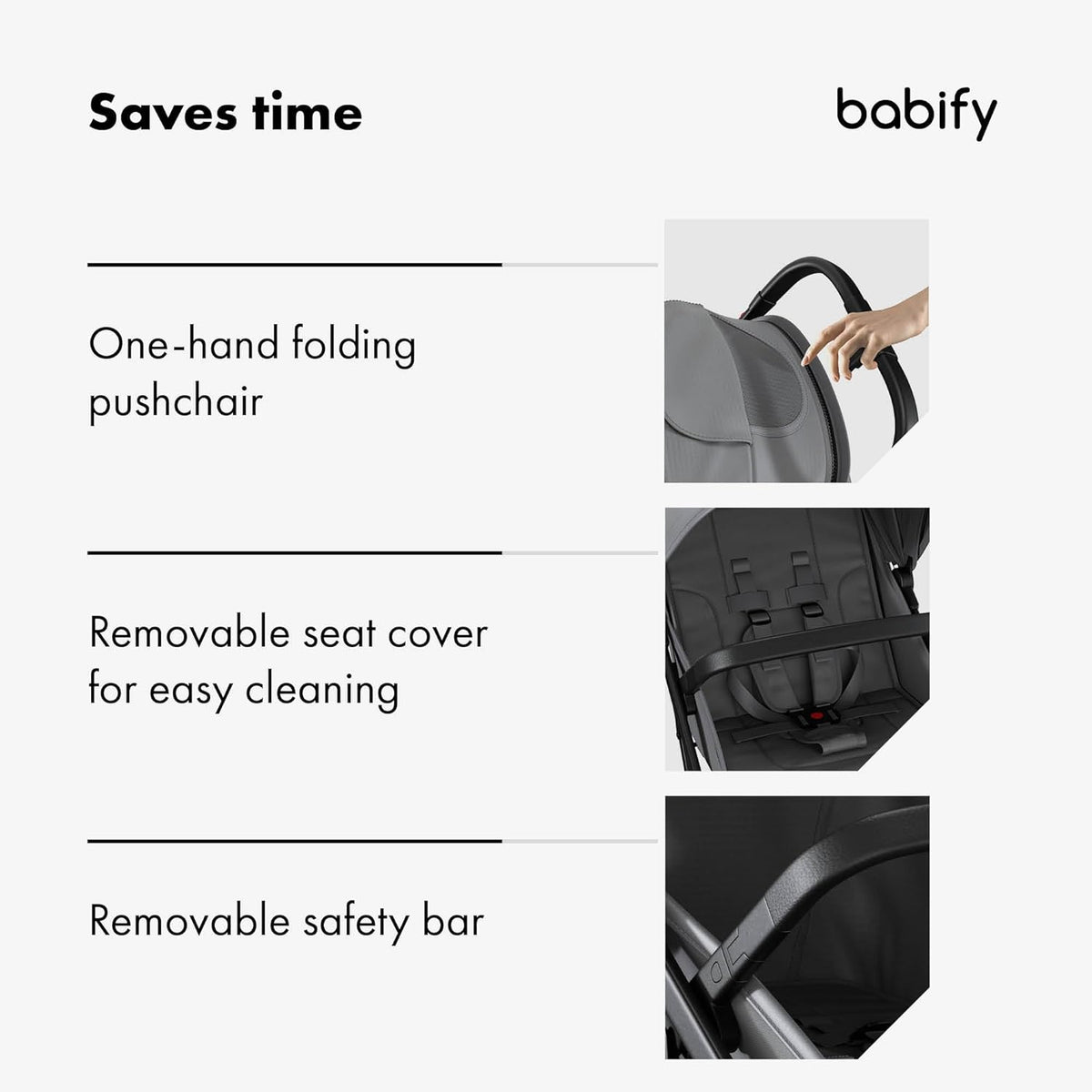 Babify Urban Ease Kinderwagen - Geboorte tot 4 jaar (22 kg), Met één hand in te klappen, Verstelbare rugleuning en voetensteun, Uitneembare bekleding, Mand, Raamzitting, Compact, Grijs