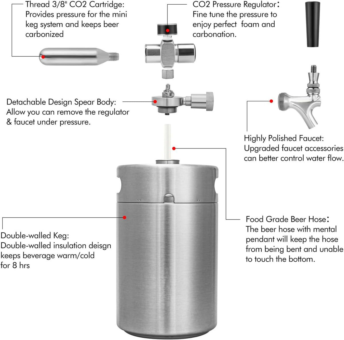 TMCRAFT 120 oz Dubbelwandige Mini Keg Growler, Drukgereguleerd Thuis Bierdispenser Systeem met Verwijderbare Tap en Regulator, Houdt Versheid en Koolzuur voor Craft Beer Draft/Homebrew