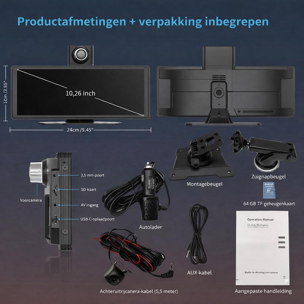 10.26 Inch Draadloos CarPlay Scherm & Android Auto Display - 4K Dashcam & 1080P Achteruitrijcamera - Draagbare Autoradio met Dual Bluetooth, FM, AUX & GPS Navigatie - Inbouwloos & Universeel
