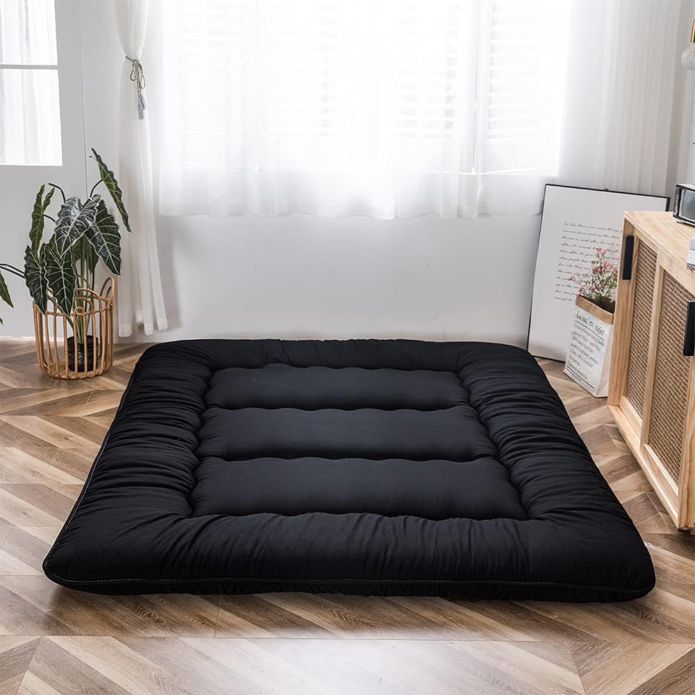 Maxyoyo Japanese Floor Mattress, Futon Mattress, Thicken Tatami Mat, Sleeping Pillow, Foldable, Roll-Up Mattress, Dormitory, Mattress, Floor Lounger, Pillow, Bed(Black, Single)