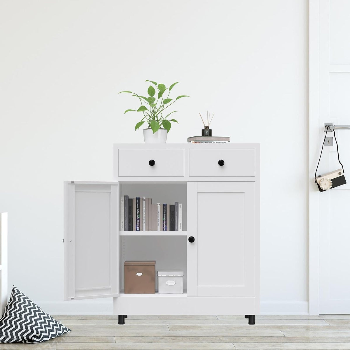 Metalen opbergkast met 2 laden en verstelbare plank, dressoir buffetkast voor thuis, kantoor, hal, entree, woonkamer, keuken bijkeuken en eetkamer (wit) - QUORE