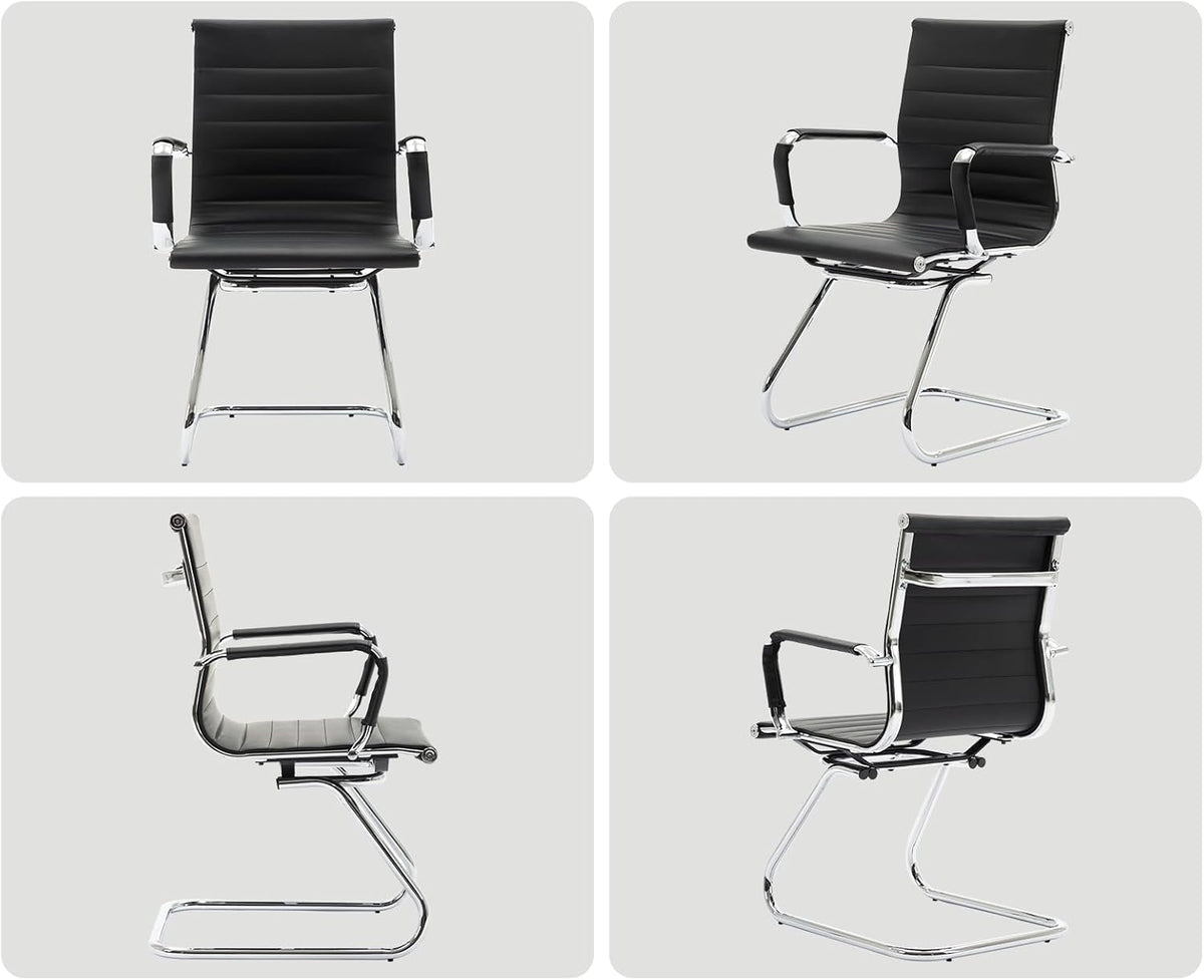 Freischwinger Stoel – Bezoekersstoel – Conferentiestoel – Kantoorstoel – Vergaderstoel – Ergonomisch – PU-Leren Bekleding – Set Van 2 Zwarte Stoelen Met Armleuningen