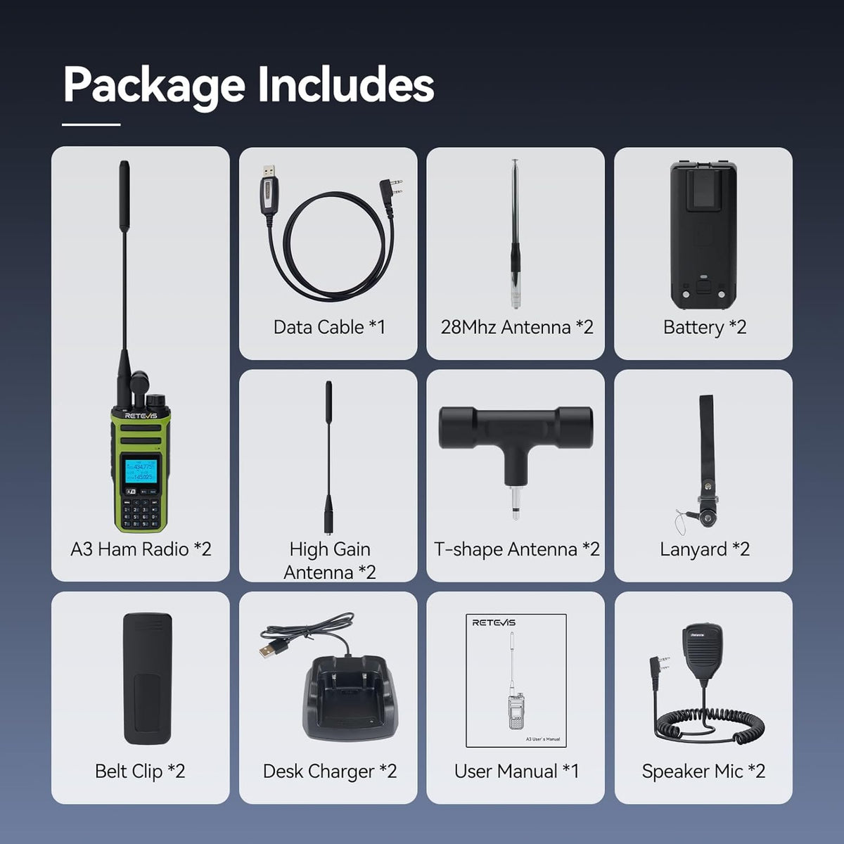 Retevis A3 2-weg Radio voor Volwassenen, Groot Bereik, Quad-Band Hamradio, AM/SSB/FM/AIR, Dual Channel, 2500 mAh-Batterij, Amateurradio voor op Reis, Avontuur (2 stuks)
