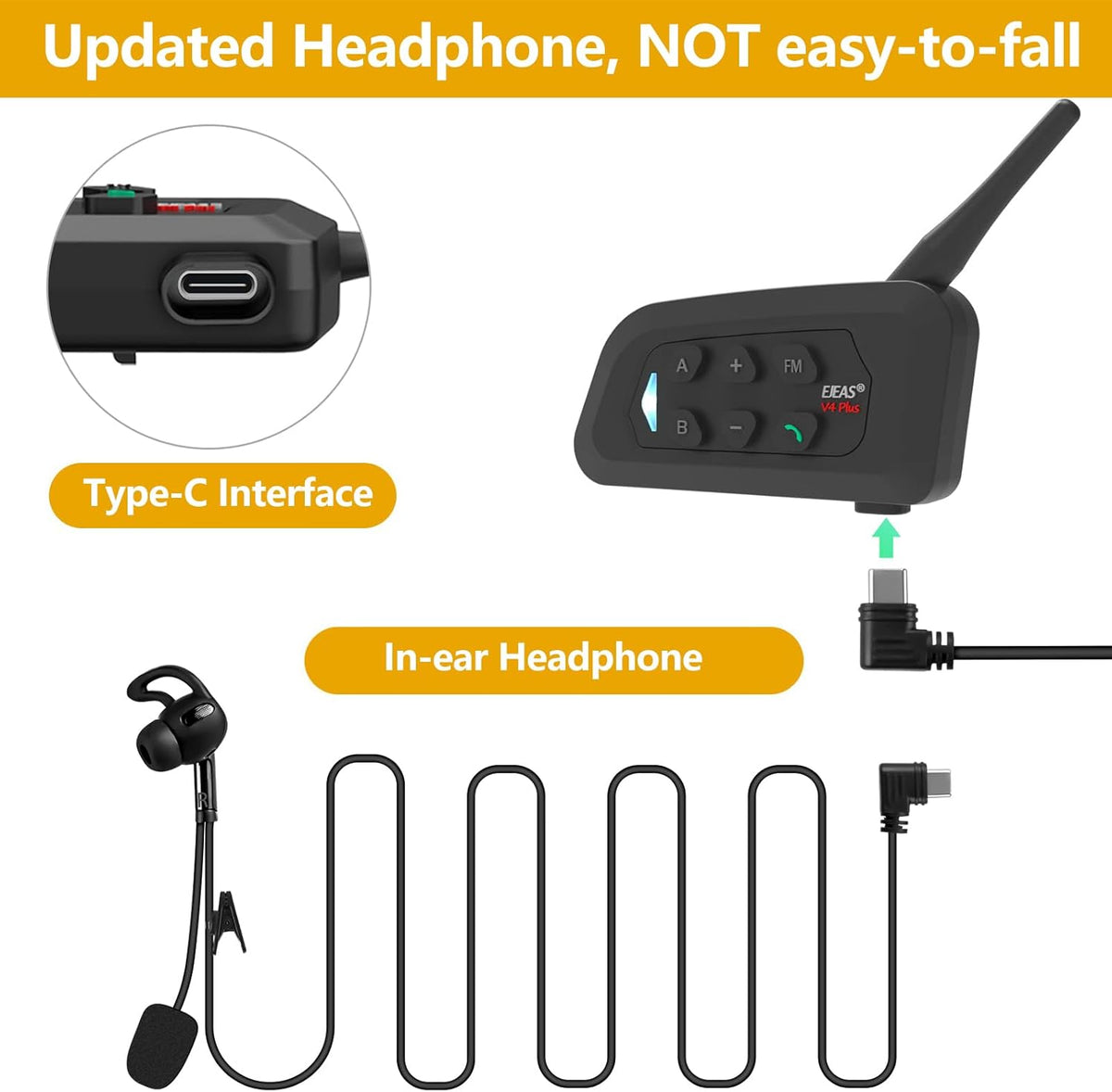 EJEAS V4C Bluetooth intercom headset, waterdicht, communicatiesysteem voor 4 personen, binnen bereik van 1500 m, motorhelm, intercominstallatie, compatibel met EUC-afstandsbediening, USB-C (2 stuks)