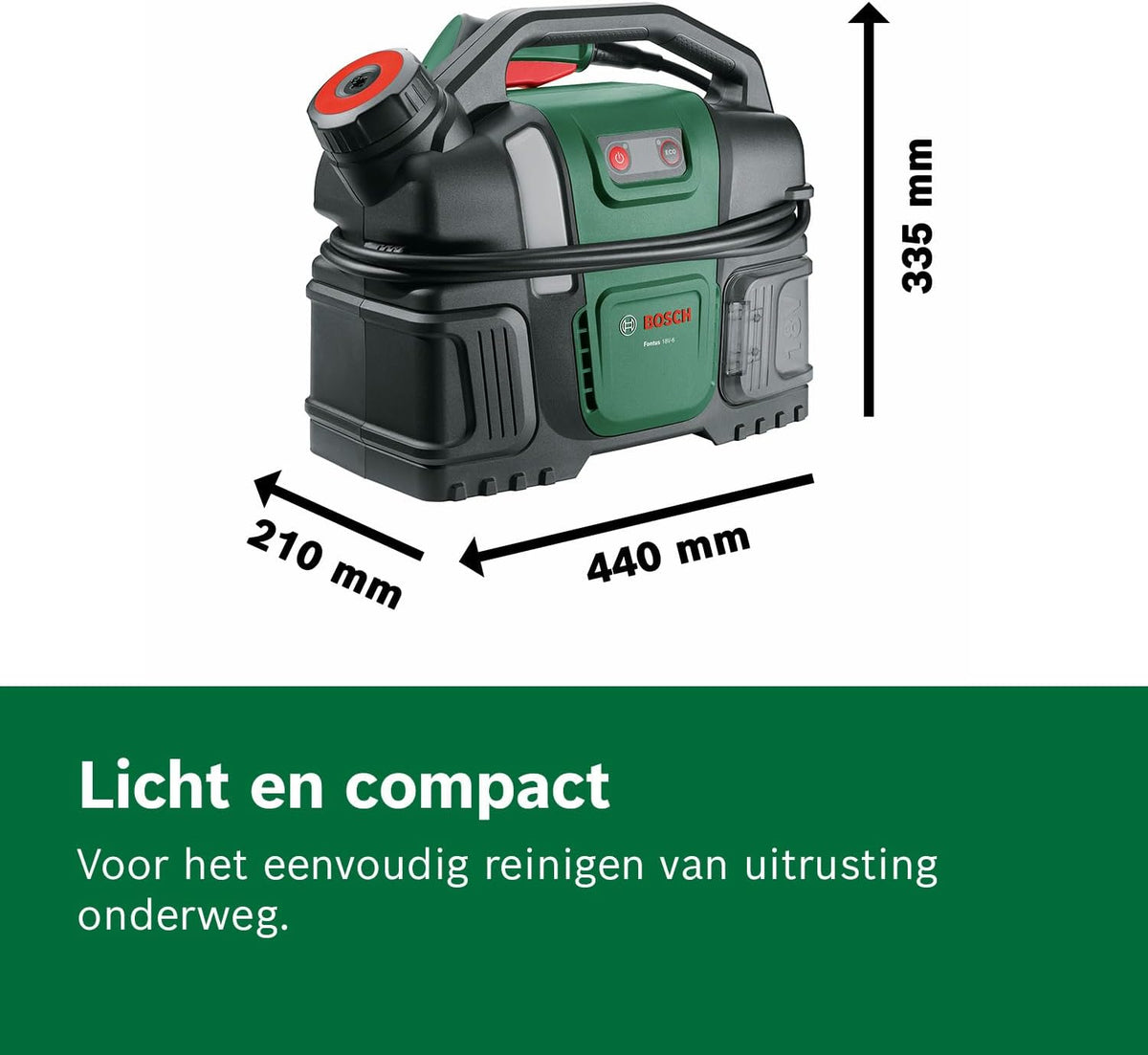 Bosch hogedrukreiniger Fontus 18V-6 Bike Cleaner (draagbaar, 6L watertank, 8 drukstanden, opslag voor slang en spuitpistool)