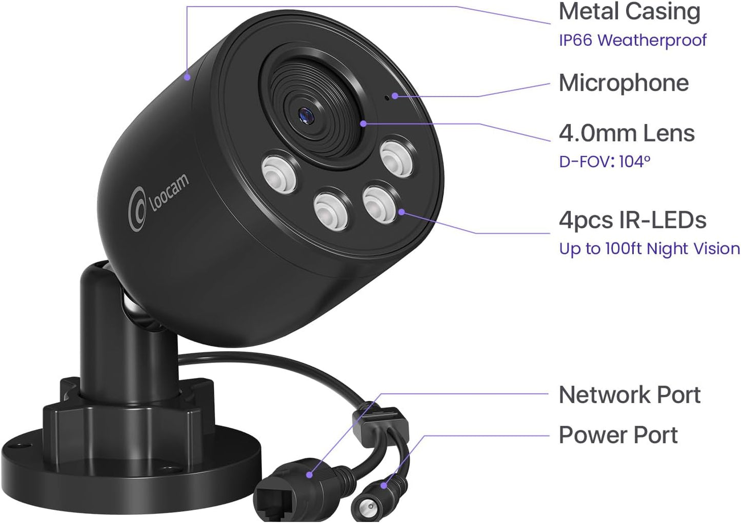 Loocam 2-pack 4K 8MP Add-on PoE CCTV-camera met Mens/Voertuigdetectie, IR Nachtzicht, Alarm Push, Werkt ALLEEN met PoE NVR-systeem