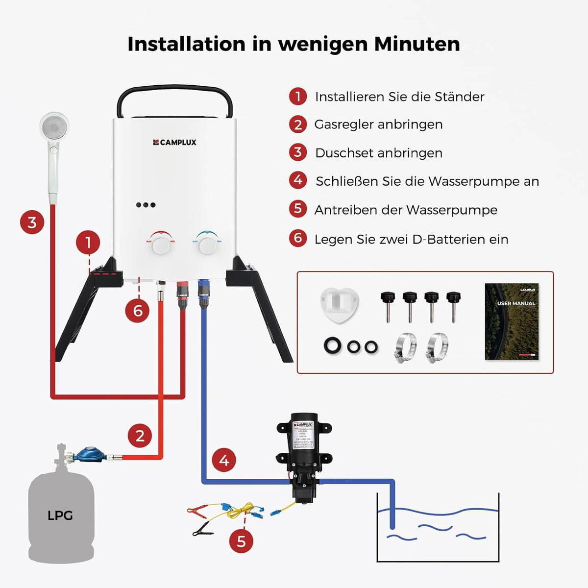 CAMPLUX AY132Max-DE Gasdoorstroomboiler, 5 liter, met steun en waterpomp, LPG, 50 mbar, voor campingdouche/camperuitstapjes, met draagtas
