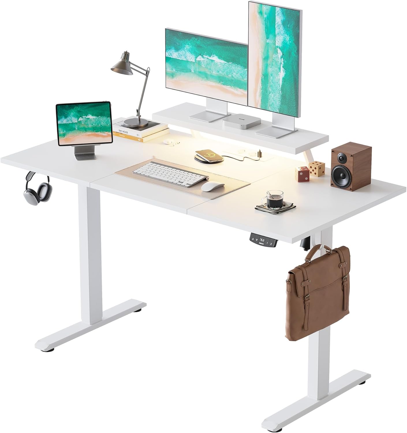 Agilestic Elektrisch in hoogte verstelbaar bureau, 140 x 60 cm, met beweegbare monitorstandaard, led-lichtbalk en USB-aansluiting, staand bureau met 3-delig tafelblad, computertafel, wit
