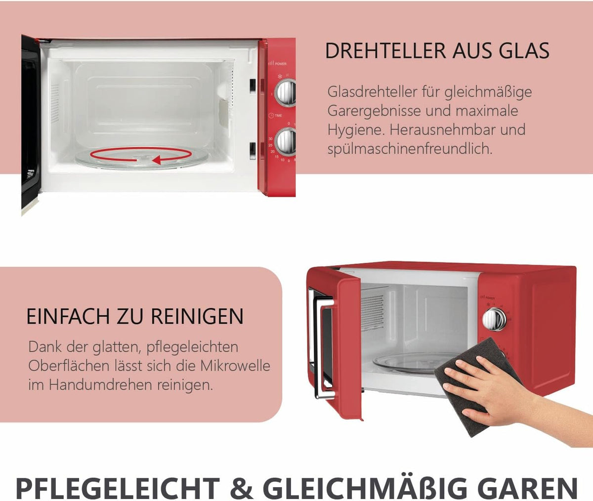 Retro Magnetron – Compacte Magnetron – Vintage Magnetron – Keuken Magnetron – Elektrische Magnetron – 20 Liter Inhoud – 700 Watt Vermogen – 6 Stands – Timer Met Eindsignaal – Rood Met Verchroomde Knoppen